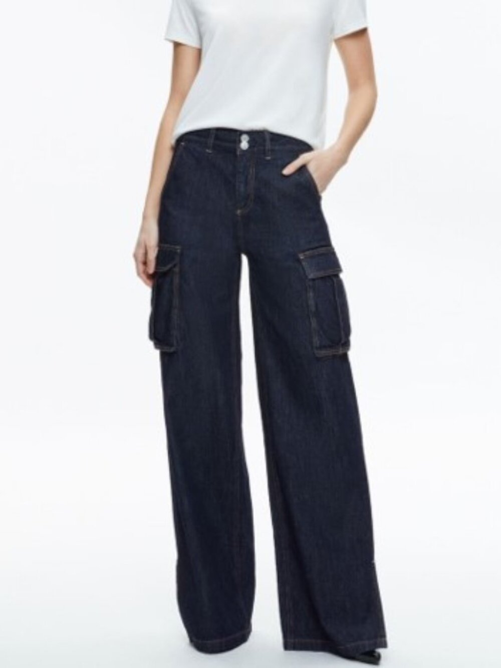 Alice + Olivia Kal Baggy Cargo Side Slit Jeans Dark Rinse NWT 25